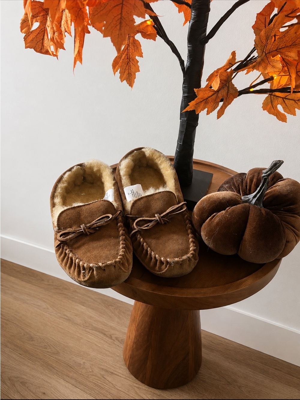 Brown Suede Moccasin Slippers with Faux Shearling Lining